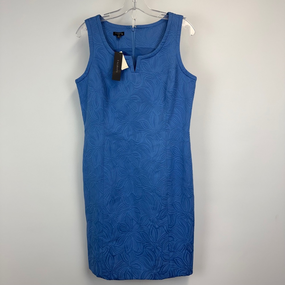 Talbots Blue Floral Matelasse Sheath Dress Womens 10P Petite Sleeveless NWT